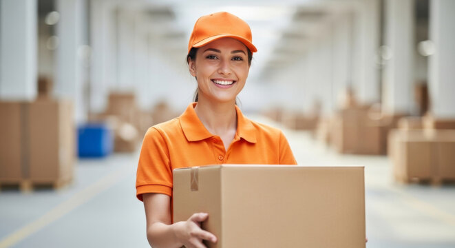 Cheerful young woman in an orange uniform carrying a box in a warehouse, embodying hard work and dedication.