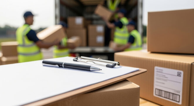 Two male warehouse workers in reflective vests unloading boxes from a truck with a clipboard and pen in the foreground.