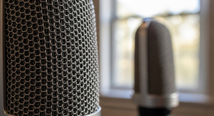 Two vintage microphones in focus, highlighting their intricate mesh detail with a soft blurred background.