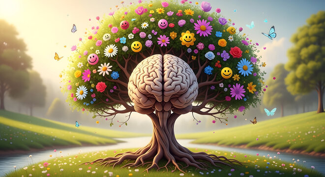 Fantastical brain shaped tree blooming with flowers smiley faces and butterflies in lush meadow for creativity and mental health metaphor