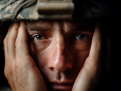 Close-up of a soldier's haunting gaze. Symbolizes post-traumatic stress disorder, internal combat, and the invisible scars of war. Vital for veteran mental health advocacy.