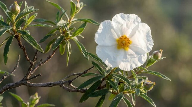 Close Up of White Cistus Flower with Yellow Center on Bush Green Leaves and Brown Branches in Soft Morning Sunlight, Natural Background