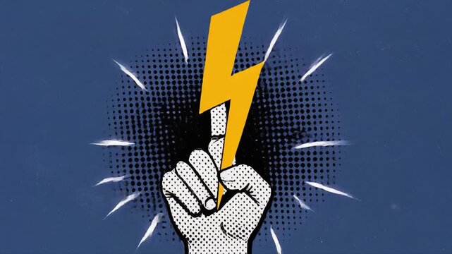 Fist holding a yellow lightning bolt against a blue background with comic book style radial lines image