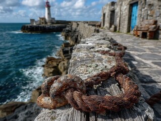 Obraz premium Weathered, rusty metal chain secured to an old wooden beam on a stone pier.
