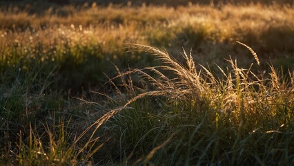 Wild grass glowing in golden sunset light outdoors