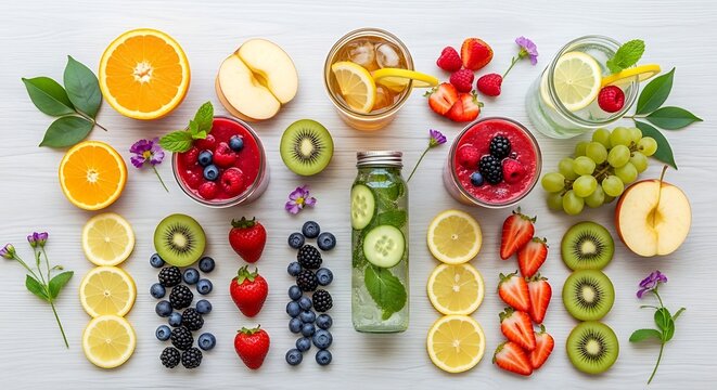 Refreshing assortment of fresh fruits and healthy drinks flat lay display
