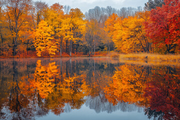 Obraz premium Vibrant autumn forest with golden and red trees reflected in a calm lake, creating a colorful seasonal landscape