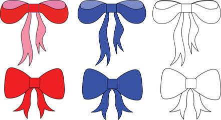 Collection of red ribbon bows and vector bow tie illustrations for Christmas gift decoration and birthday holiday celebration design elements