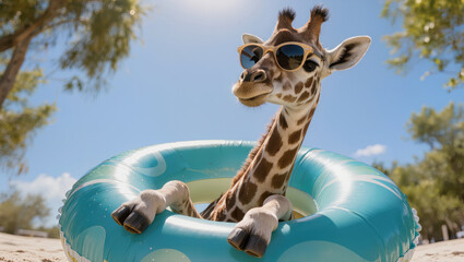 Obraz premium Funny giraffe wearing sunglasses in inflatable swim ring on beach. Summer vacation and safari humor concept