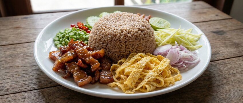 Traditional Thai rice seasoned with shrimp paste Khao Kluk Kapi with various sides