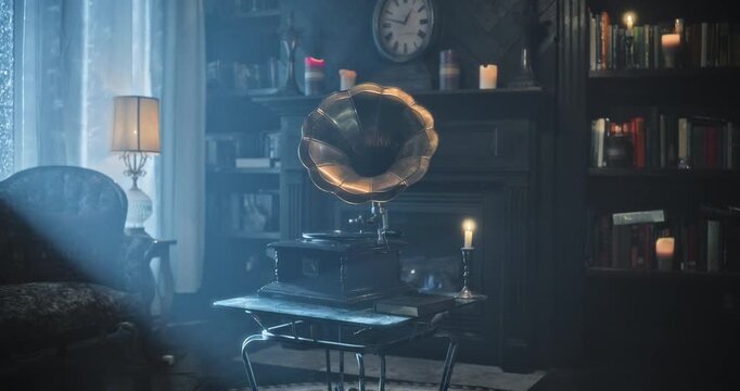 Misty, spooky room with phonograph at night with light going out - medium shot