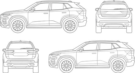 Automobile side view, front view and back view blueprint drawing, compact suv black and white technical illustration, crossover vehicle patent design for industrial product development © Design Store