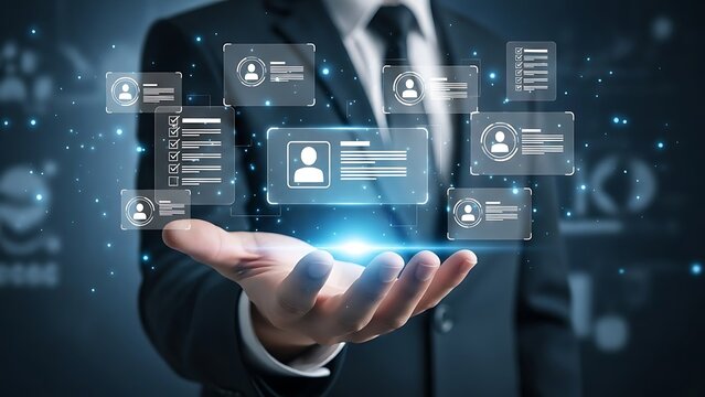 A businessman in a suit holds his hand out to display a collection of digital identity cards and personal data floating above his palm.