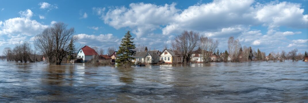 Flooded neighborhood with submerged houses and trees under blue sky
