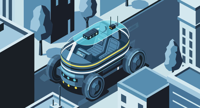 Futuristic Self Driving Car in City.