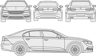 Detailed sedan car layout featuring multiple perspective views for custom car wrap mockup