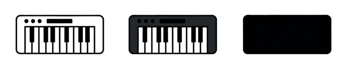 Digital keyboard or synthesizer icon set featuring outline, grey flat color, and solid black silhouette versions. © Lili