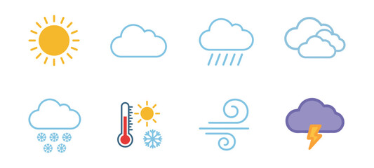 Comprehensive weather icon set including sun, clouds, rain, snow, thermometer, wind, and lightning bolt for forecasting apps.
