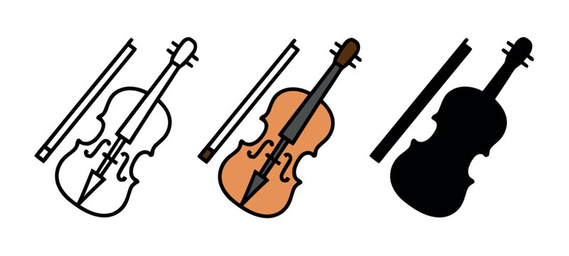 Classic violin and bow icon set featuring thin outline, natural wood flat color, and solid black silhouette styles.