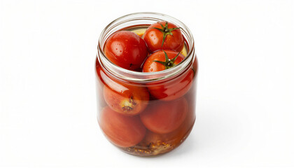 Pickled tomatoes in a glass jar with brine and spices
