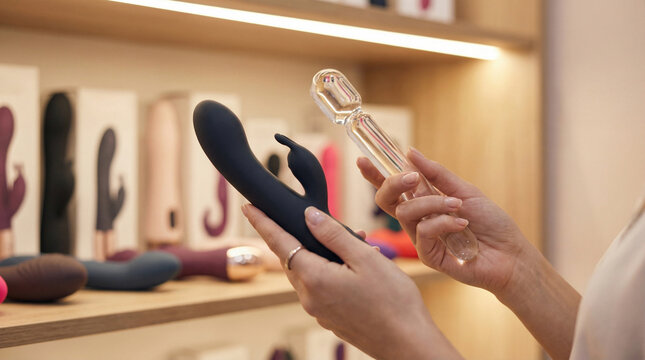 Elegant female hands holding and examining modern sex toys in a luxury boutique, emphasizing choice and intimate well-being and sexual diversity