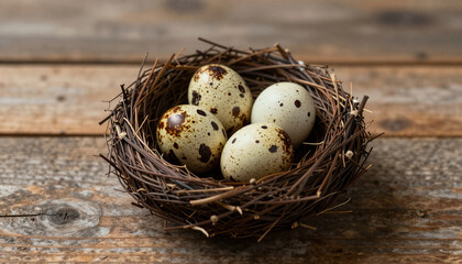 Fototapeta premium Bird's nest in rustic style with eggs on wooden surface