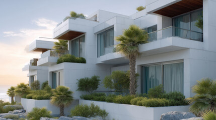 Modern beach house luxury villa ocean view white facade palm tree contemporary architecture large window balcony coastal landscape