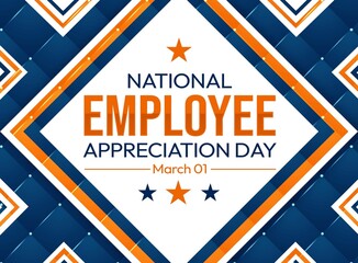 National Employee Appreciation Day Celebration with Blue and Orange Geometric Patterns on March 01 with Decorative Stars