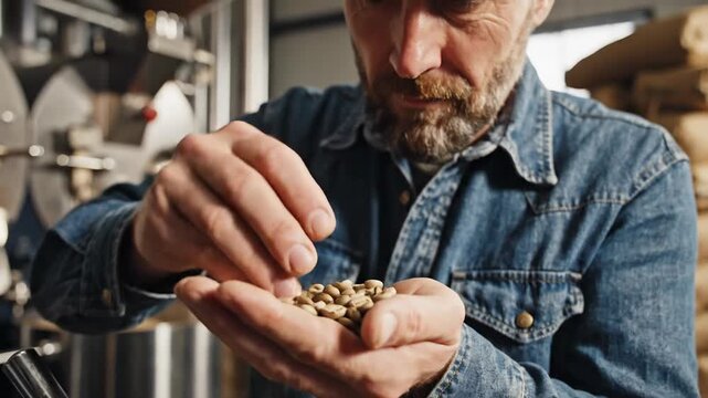 Coffee roaster inspecting raw coffee beans in a warehouse, close-up