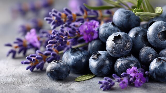 Fresh blueberries and lavender flowers arranged on a textured surface