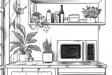 Minimalist Line Drawing of a Microwave Oven in a Calm Kitchen