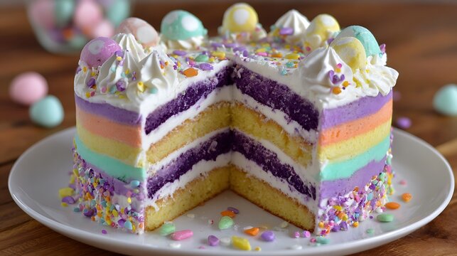 Rainbow layer cake with white frosting and colorful sprinkles image
