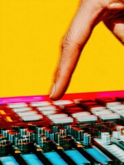 Fototapeta premium Close up of a finger pointing at a neon sound mixer console with motion blur for music production and digital technology concepts in a professional studio setting