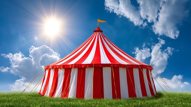 Vibrant red and white classic circus tent under sunny blue sky image