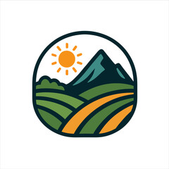 Fototapeta premium A stylized illustration of a sunny mountain landscape with green hills and orange fields in a circular frame