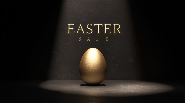 Elegant golden Easter egg with sale announcement in spotlight