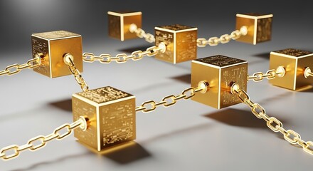 Golden blockchain cubes connected by chains representing distributed ledger technology