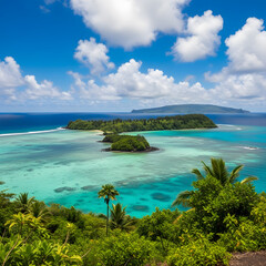 Fototapeta premium Idyllic island landscape with vibrant turquoise waters under a bright blue sky