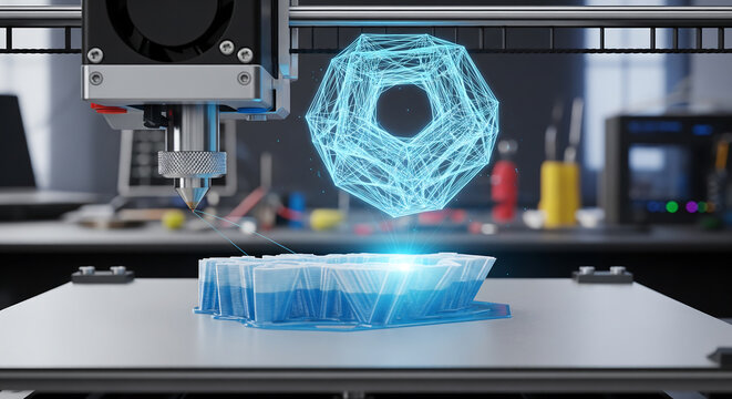 3D Printer Creating Glowing Blue Geometric Object with Digital Data, Advanced Technology and Innovation Concept