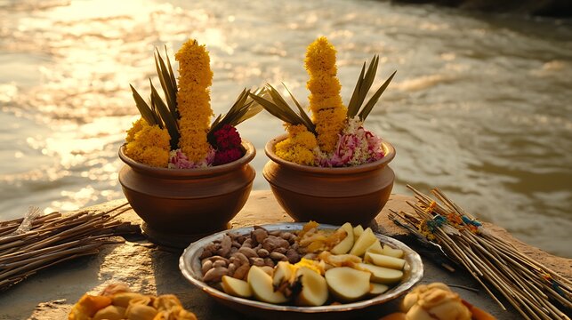 Chhath puja festival rituals with fruits and flowers image