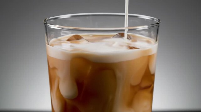 Cream swirling into iced coffee in a clear glass, refreshing cold drink preparation