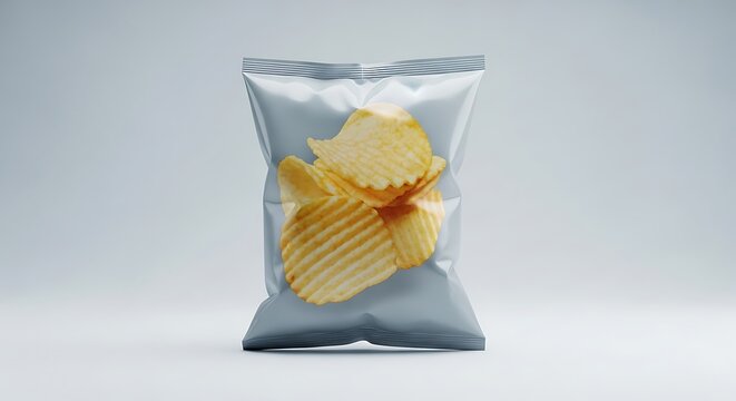 Potato chips snack packaging mockup with realistic transparent bag and wavy ridged chips isolated on white background.