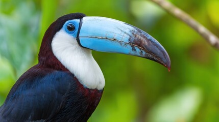 Fototapeta premium Toco Toucan with Pale Blue Beak Perched in Tropical Jungle, Closeup Portrait of Exotic Wildlife Bird for Educational Use and Nature Conservation Background