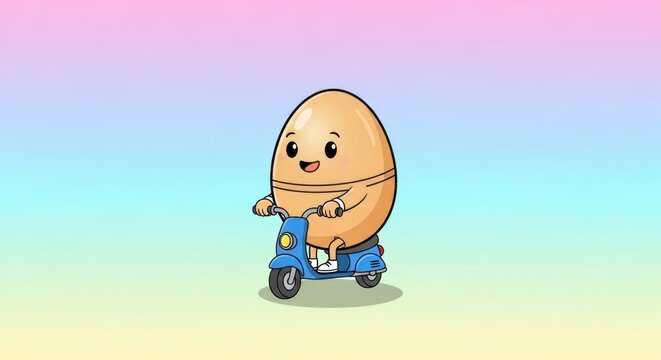 Egg-cellent Adventure: A cheerful anthropomorphic egg, astride a scooter, embarking on a playful journey through a vibrant, pastel landscape.
