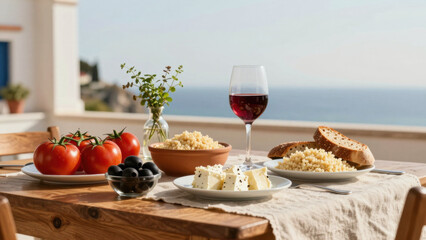 A styled Mediterranean spread: olives, feta cheese, tomatoes, bread, and a bowl of grains on a wooden table. A glass of red wine and greenery add color. A bright, airy view suggests a seaside setting.