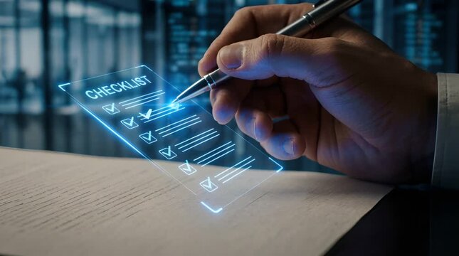 Hand with Pen Checking Glowing Checklist on Document over Abstract Blue Background
