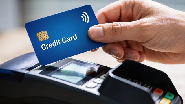 Customer making contactless payment using a blue credit card near a modern point of sale terminal