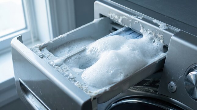 Overflowing suds in washing machine detergent drawer creating messy laundry room scene