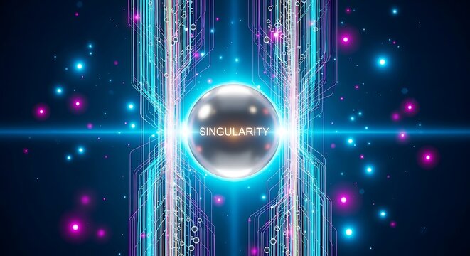 Glowing digital orb with neon lights and futuristic background