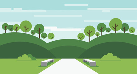Naklejka premium A minimalist flat-design landscape illustrates rolling green hills with numerous trees, a wide white pathway, and two grey benches under a light blue sky.